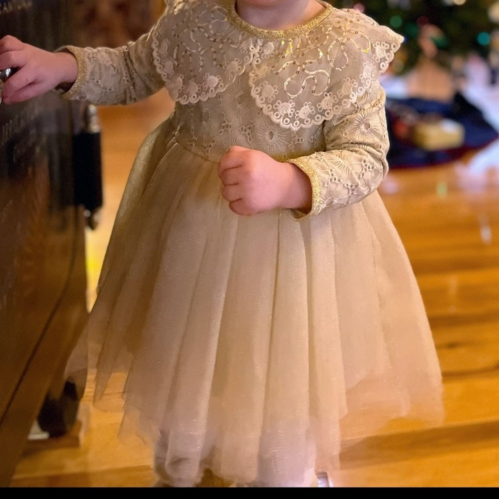 Mae Li Rose Cream and Gold Elegant Lace Formal Dress - 18-24
